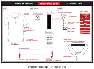 Men's polo shirt tech pack, with complete technical details.