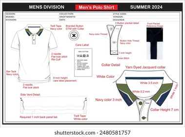 Men's polo shirt tech pack, with complete technical details.