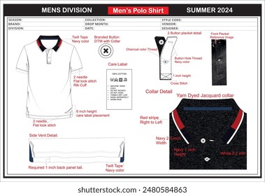 Men's polo shirt tech pack, with complete technical details.