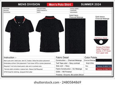 Men's polo shirt tech pack, with complete technical details.