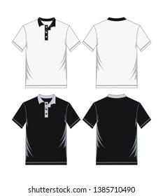 Men's polo shirt template, black and white, front and back views, vector image