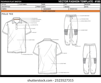 MENS POLO TEE FLAT SKETCH FASHION TEMPLATE TECHNICAL ILLUSTRATION