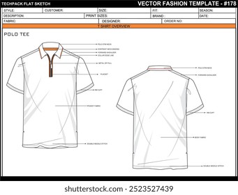 MENS POLO TEE FLAT SKETCH FASHION TEMPLATE TECHNICAL ILLUSTRATION