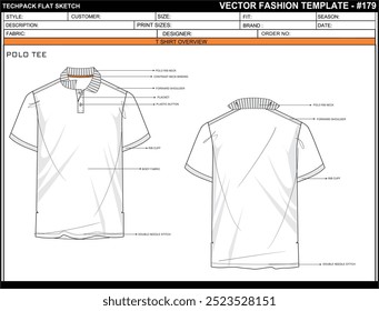 MENS POLO TEE FLAT SKETCH FASHION TEMPLATE TECHNICAL ILLUSTRATION