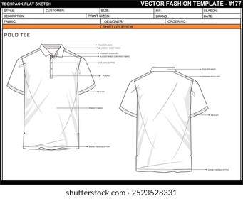  MENS POLO TEE FLAT SKETCH FASHION TEMPLATE TECHNICAL ILLUSTRATION