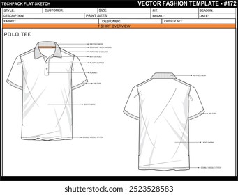 MENS POLO TEE FLAT SKETCH FASHION TEMPLATE TECHNICAL ILLUSTRATION