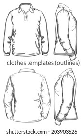 Men's polo-shirt design template (front, back and side view). Long sleeve. Vector illustration. Outlines.