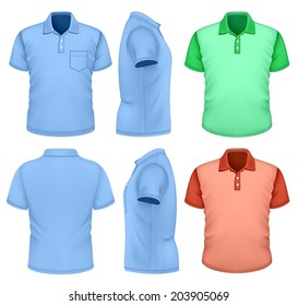 Men's polo-shirt design template (front, rear, side views). Illustration contains gradient mesh. Photo-realistic vector illustration. Color variants.