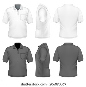 Men's polo-shirt design template (front, back and side views). Black and white variants.Illustration contains gradient mesh. Photo-realistic vector illustration.