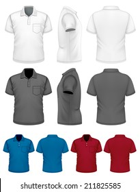 Men's polo-shirt design template (front, rear, side views). Illustration contains gradient mesh. Photo-realistic vector illustration. White, black and color variants.