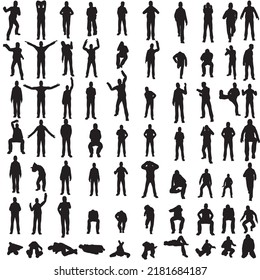 Men's poses in black fill. Famous stylist. Vector graphics.