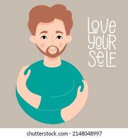 Mens postcard Love yourself. handsome man with beard and mustache hugs himself. Concept Love yourself and take time to care for yourself. Vector illustration. Cute male character in flat style.