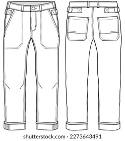 men's premium chino pants flat sketch vector illustration front and back view technical cad drawing template