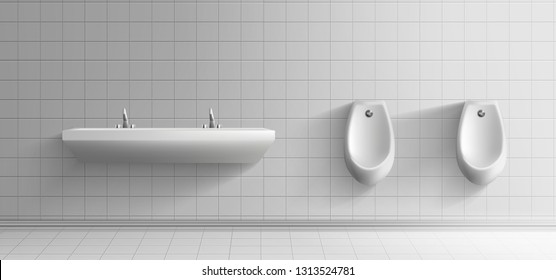 Mens Public Toilet Room Minimalistic Interior 3d Realistic Vector Mockup. Clean Ceramic Urinals With Metal Flushing Buttons And Long Washbasin With Two Faucets On White Tiled Wall Illustration