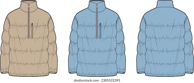 MENS PULL ON PUFFA JACKET front and back flat sketch technical drawing vector illustration template