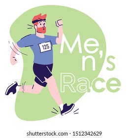Mens race flat vector illustration. Marathon training. Male athlete, competitor. Running guy cartoon character on sage color with typography. Poster, social media post, print isolated design element