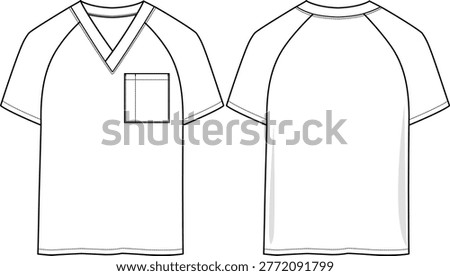 Men's raglan chest Pockets V-neckline medical Scrub Top with raglan short sleeves, chest patch pocket with pencil pocket, classic fit, nursing uniform outfit, workwear, modern design, functionality, roomy pockets, hospital workers, sketch front and back