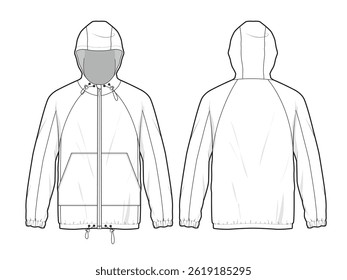 Men's raglan sleeve rain coat front and back view mockup template vector design technical illustration.