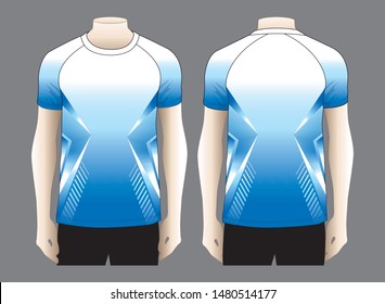 Men's Raglan Soccer Jersey Shirt With White-Blue Lighting Graphic Lines Sublimation Design On Gray Background.Front And Back View.