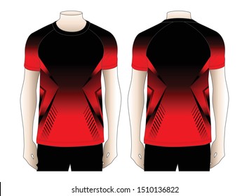 Men's Raglan Soccer Jersey Shirt With Black-Red Lighting Graphic Lines Sublimation Design On Gray Background.Front And Back View.