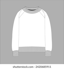 men's raglan style cotton jumper with folded neckline flat fashion illustration template.  