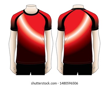 
Men's Raglan T-shirt Design With Gradient Lighting Sublimation Printed Red/White/Black Colors Background Vector.Front And Back Views.