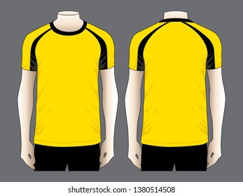 Men's Raglan T-shirt Design With Yellow/Black Colors Vector.Front And Back Views.
