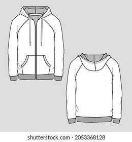 Mens Raglan Zipper hoodie Sweatshirt  long sleeve Cuff Rib Hem fashion  cad mock up Flat Sketch technical drawing template design vector