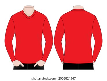 Men's Red Long Sleeves V-Neck Shirt Template Vector On White Background.Front and Back View.