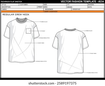 MENS REGULAR CREW NECK, SHORT SLEEVE, POCKET,SKETCH FASHION TEMPLATE TECHNICAL ILLUSTRATION