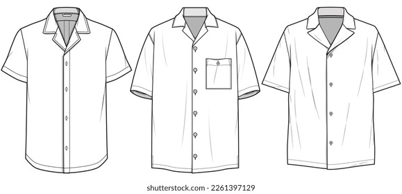 Men's Resort Shirt, Notched Collar Short Sleeve Shirt, Lapel Collar Shirt Set Fashion Illustration, Vector, CAD, Technical Drawing, Flat Drawing, Template, Mockup.	