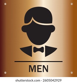 men's restroom sign with a copper metallic background. Ideal for public toilets, washrooms, restrooms, and business facilities, featuring a stylish male figure in a tuxedo
