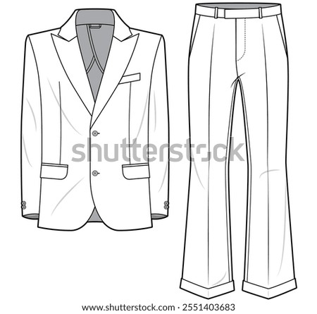 mens retro suit set flat sketch vector illustration technical cad drawing template