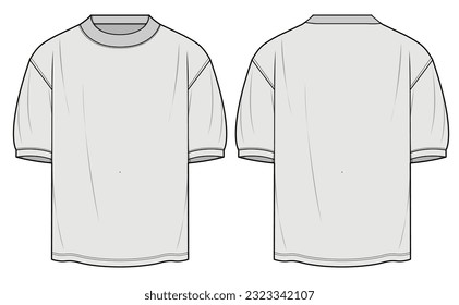 Men's Rib Hem Short Sleeve T-Shirt Front and Back View. Fashion Flat Sketch Vector Illustration, CAD, Technical Drawing, Flat Drawing, Template, Mockup. 