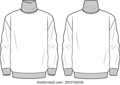 Men's Roll Neck, Drop Shoulder Sweater- Sweater technical fashion illustration. Flat apparel sweater template front and back, white color. Men's CAD mock-up.