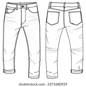 Pantalones de pantalones enrollados de denim jeans pantalones delante y atrás de los hombres boceto plano ilustración de moda, cinco bolsillos denim pantalones vectorial plantilla