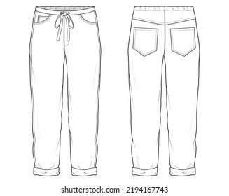 los hombres lo enrollaron en la cintura dibujante de la forma de dibujo plano ilustración vectorial. la cintura de la cadena de dibujo unisex dobló la plantilla de la vista frontal y posterior del pantalón. burla a la banda.