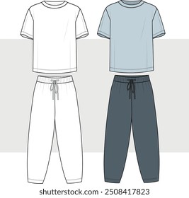 mens round neck t shirt and drawstring waist long pant flat sketch vector illustration casual outfit set technical cad drawing template