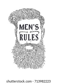 Las REGLAS DE LOS HOMBRES citan a un hombre peinado estilo retro con barba en el interior sobre fondo blanco. Cartel para pub, cervecería, bar, peluquería, etc.