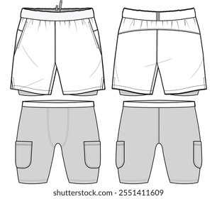 mens running shorts with compression tight two in one sports wear shorts flat sketch vector illustration front and back view technical cad drawing template