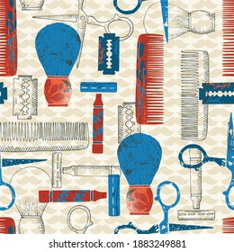 Mens Saloon Hair Dresser Tools Vector Seamless Pattern