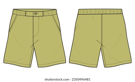 Men's Sartorial chino shorts front and back view flat sketch fashion illustration. Wide leg Twill Shorts vector template cad drawing