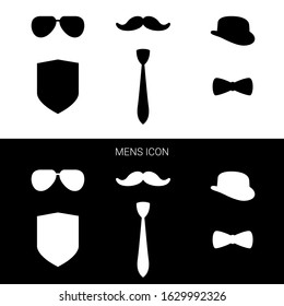 Mens  set. Glasses, shield, mustache, tie, bow tie, hat. Вlack and white icons.