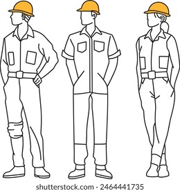 Herren Set von Arbeitskleidung mit einem Helm, langlebig, Sicherheit, Schutz, Ausrüstung, Konstruktion, Line Art Vektorillustration, moderne Line Art.