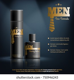 Mens shaving cosmetics realistic composition with foam and lotion, golden brand identity on dark background vector illustration