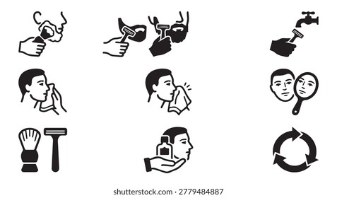 Men's shaving and grooming process icons set with razor brush aftershave