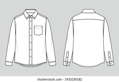Men's shirt  Button  down collar   cuffed long sleeves  Relaxed Fit  Vector illustration  Flat technical drawing  Mockup template 	
