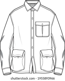 Men's shirt with cargo patch pocket flat sketch illustration