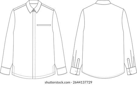 Men's Shirt Front and Back Illustration, Button-Up Long Sleeve Shirt Design with Pocket