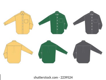Men's shirt, long sleeve, three different colours, front and back view.